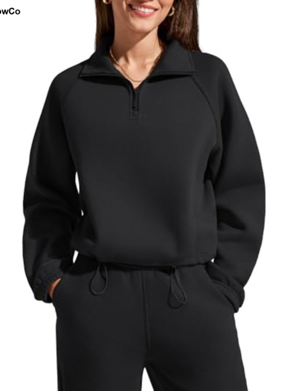 Fleece Lined Quarter Zip Mock Neck Cropped Sweatshirt Pullover
